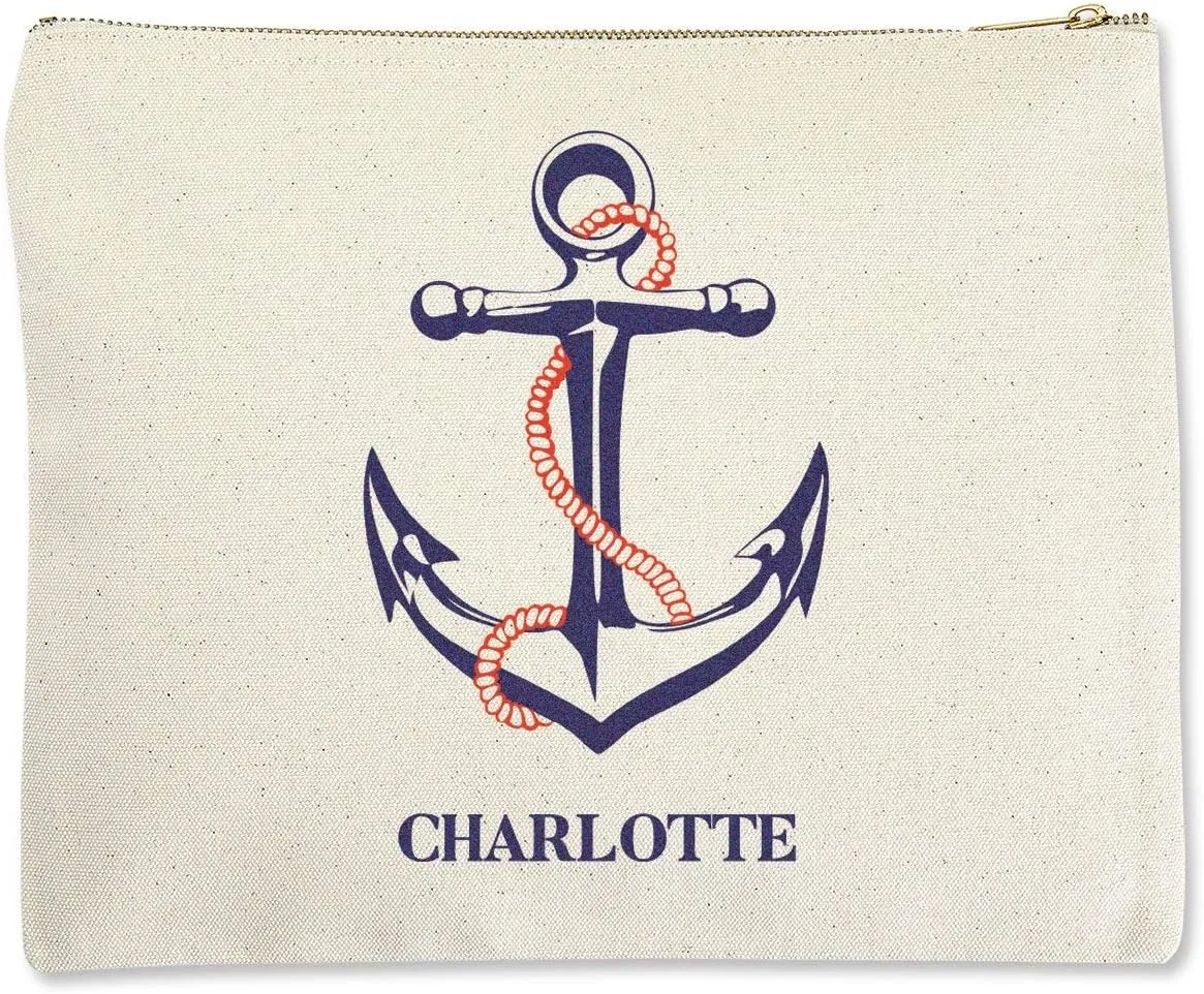 Lillian Vernon Anchor Zippered Canvas Pouch- 10.5 X 11 Inches, Sturdy Cotton Canvas Cosmetic Bag