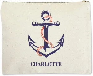 Lillian Vernon Anchor Zippered Canvas Pouch- 10.5 X 11 Inches, Sturdy Cotton Canvas Cosmetic Bag