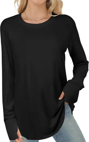 Long Sleeve Shirts for Women Tunic Tops to Wear with Leggings Crew Neck T-shirt Thumb Holes Loose Fit Shirt Curved Hem