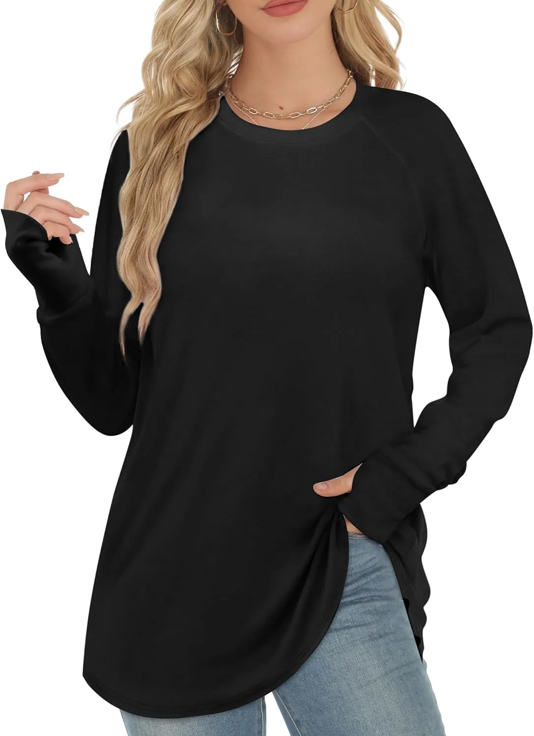Long Sleeve Shirts for Women Tunic Tops to Wear with Leggings Crew Neck T-shirt Thumb Holes Loose Fit Shirt Curved Hem