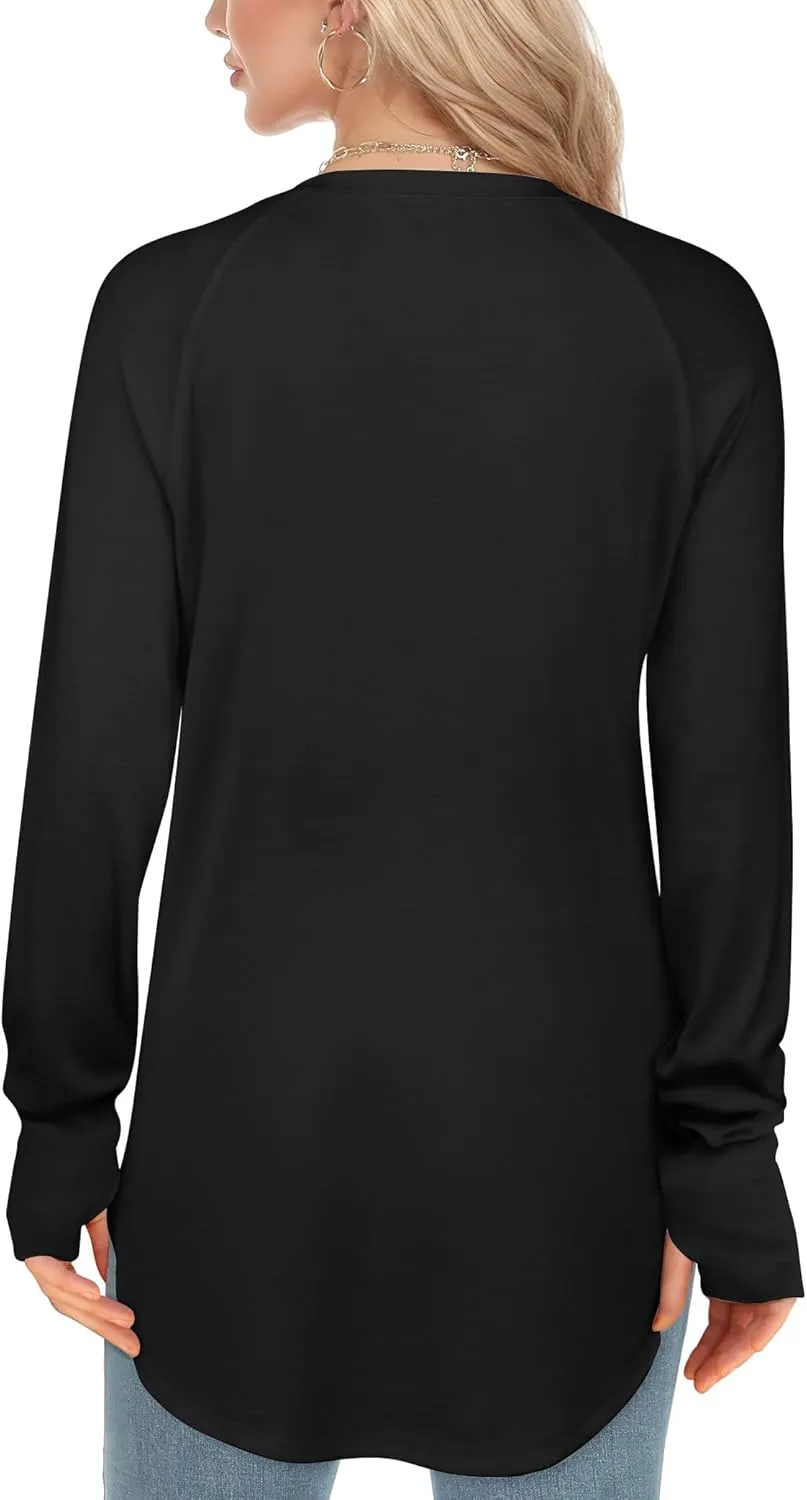Long Sleeve Shirts for Women Tunic Tops to Wear with Leggings Crew Neck T-shirt Thumb Holes Loose Fit Shirt Curved Hem