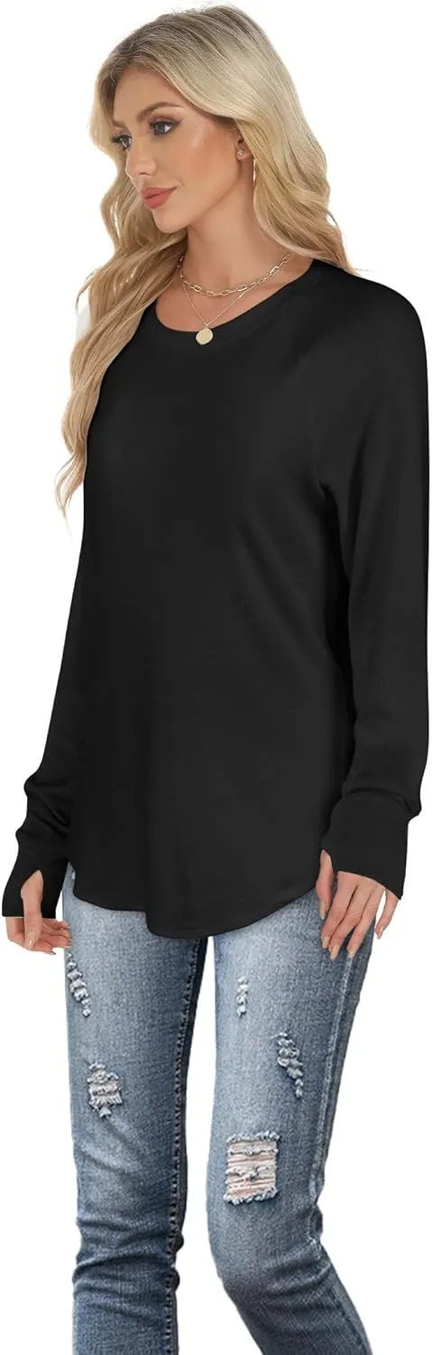 Long Sleeve Shirts for Women Tunic Tops to Wear with Leggings Crew Neck T-shirt Thumb Holes Loose Fit Shirt Curved Hem