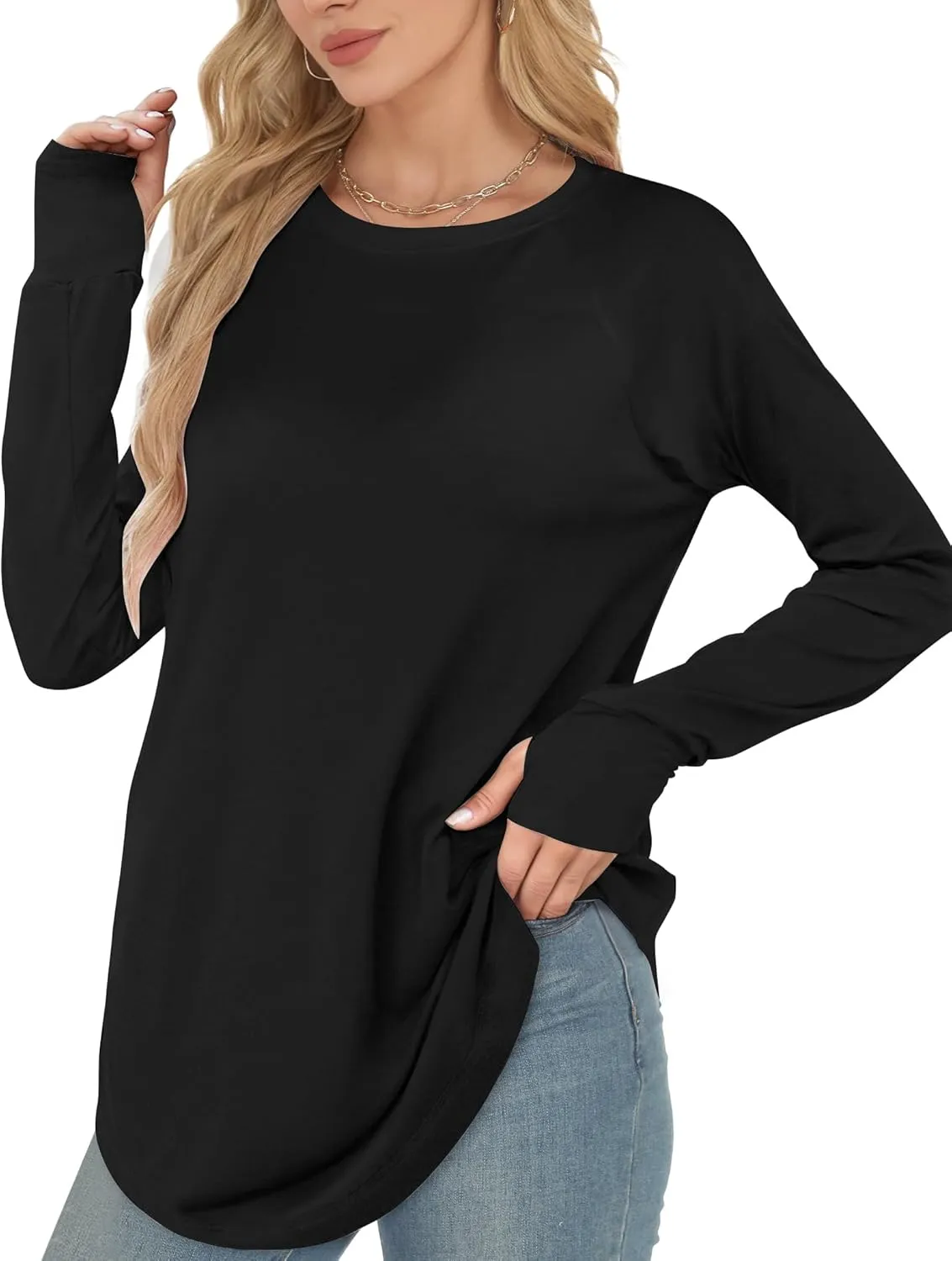 Long Sleeve Shirts for Women Tunic Tops to Wear with Leggings Crew Neck T-shirt Thumb Holes Loose Fit Shirt Curved Hem
