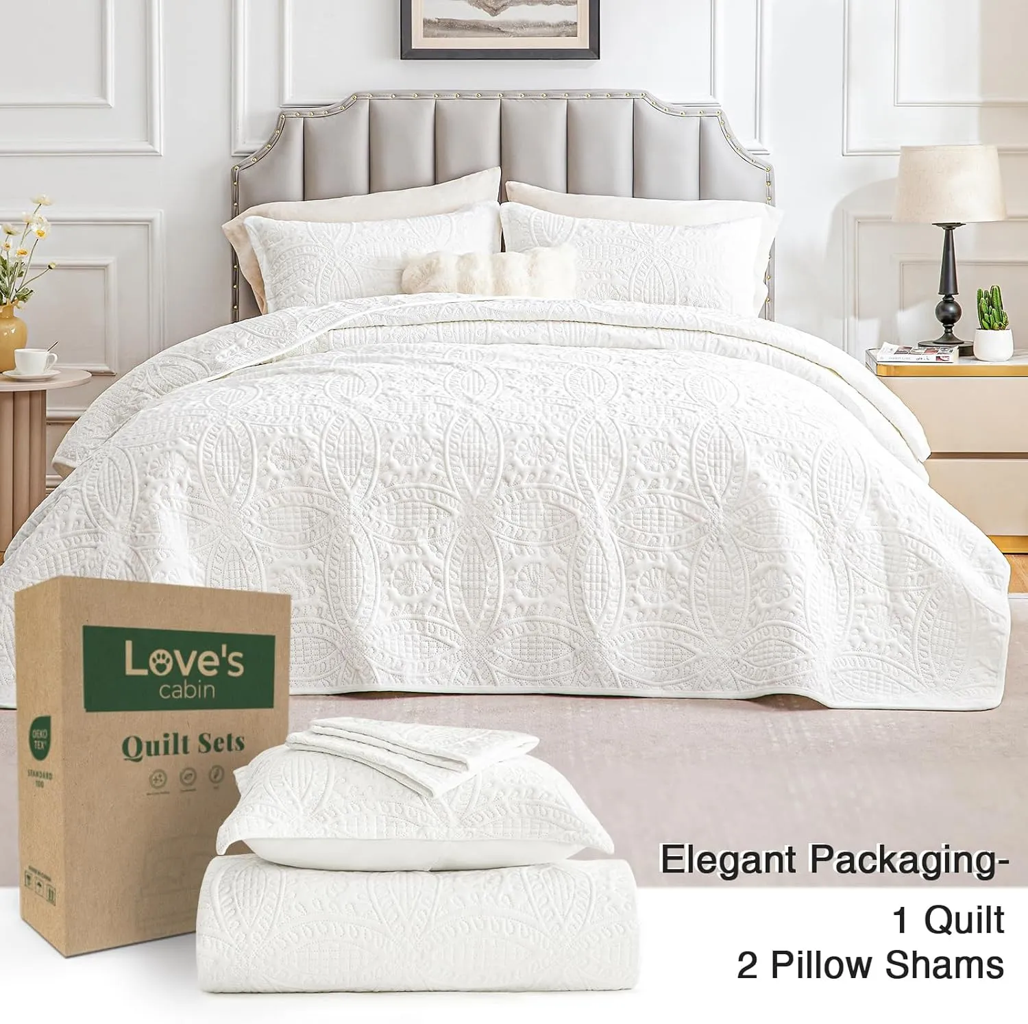 Love's cabin Velvet Quilts for Queen Bedspreads Bedding Set - Luxury Velvet Quilt Lightweight Bedspread - Coin Pattern Comforter Coverlet for All Season - White, 3 Piece (1 Quilt, 2 Pillow Shams)