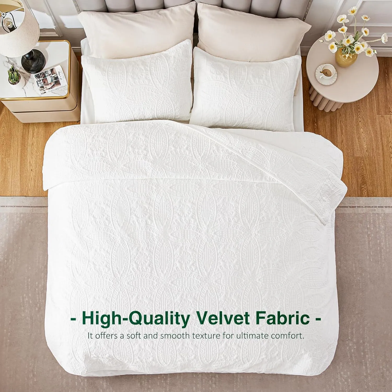 Love's cabin Velvet Quilts for Queen Bedspreads Bedding Set - Luxury Velvet Quilt Lightweight Bedspread - Coin Pattern Comforter Coverlet for All Season - White, 3 Piece (1 Quilt, 2 Pillow Shams)