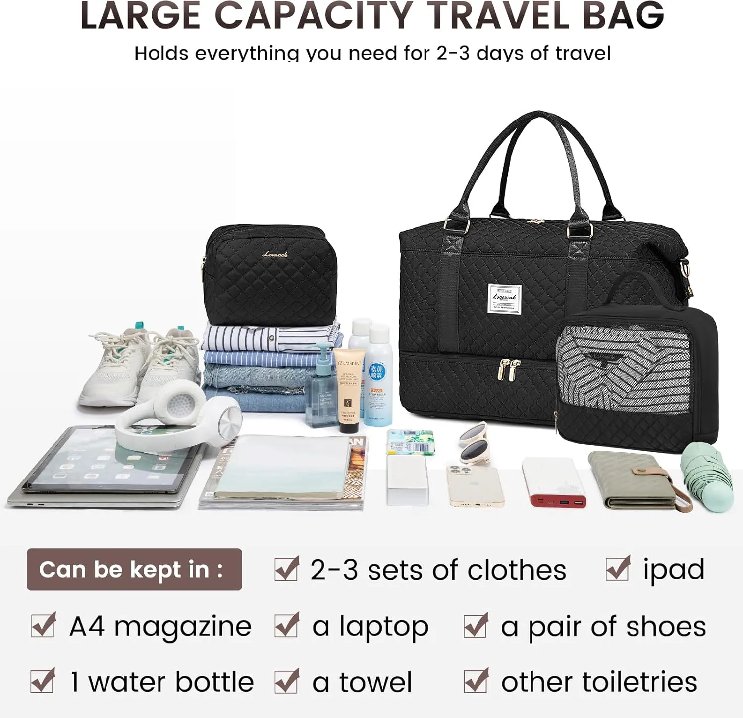 LOVEVOOK Travel Duffle Bag,Weekender Bags for Women with Shoe Compartment，Carry on Overnight Bag with Toiletry Bag,Gym Duffel Bag with Wet Pocket, Hospital Bags for Labor and Delivery