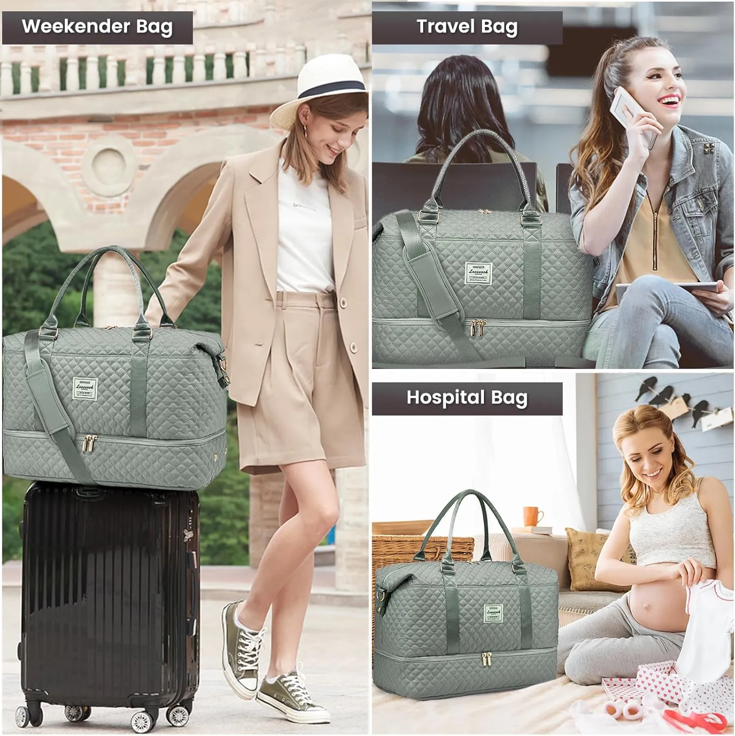 LOVEVOOK Travel Duffle Bag,Weekender Bags for Women with Shoe Compartment，Carry on Overnight Bag with Toiletry Bag,Gym Duffel Bag with Wet Pocket, Hospital Bags for Labor and Delivery