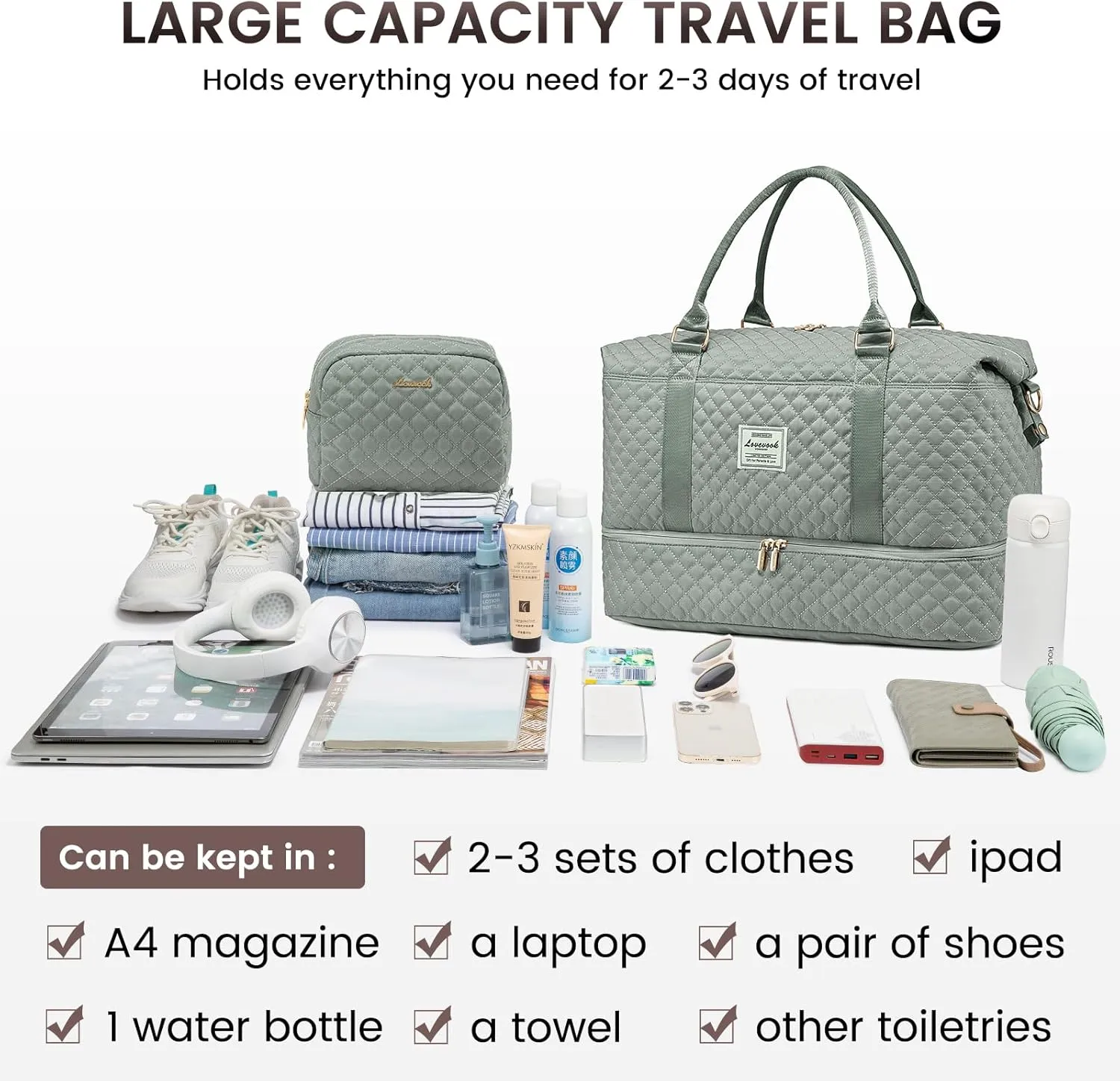 LOVEVOOK Travel Duffle Bag,Weekender Bags for Women with Shoe Compartment，Carry on Overnight Bag with Toiletry Bag,Gym Duffel Bag with Wet Pocket, Hospital Bags for Labor and Delivery