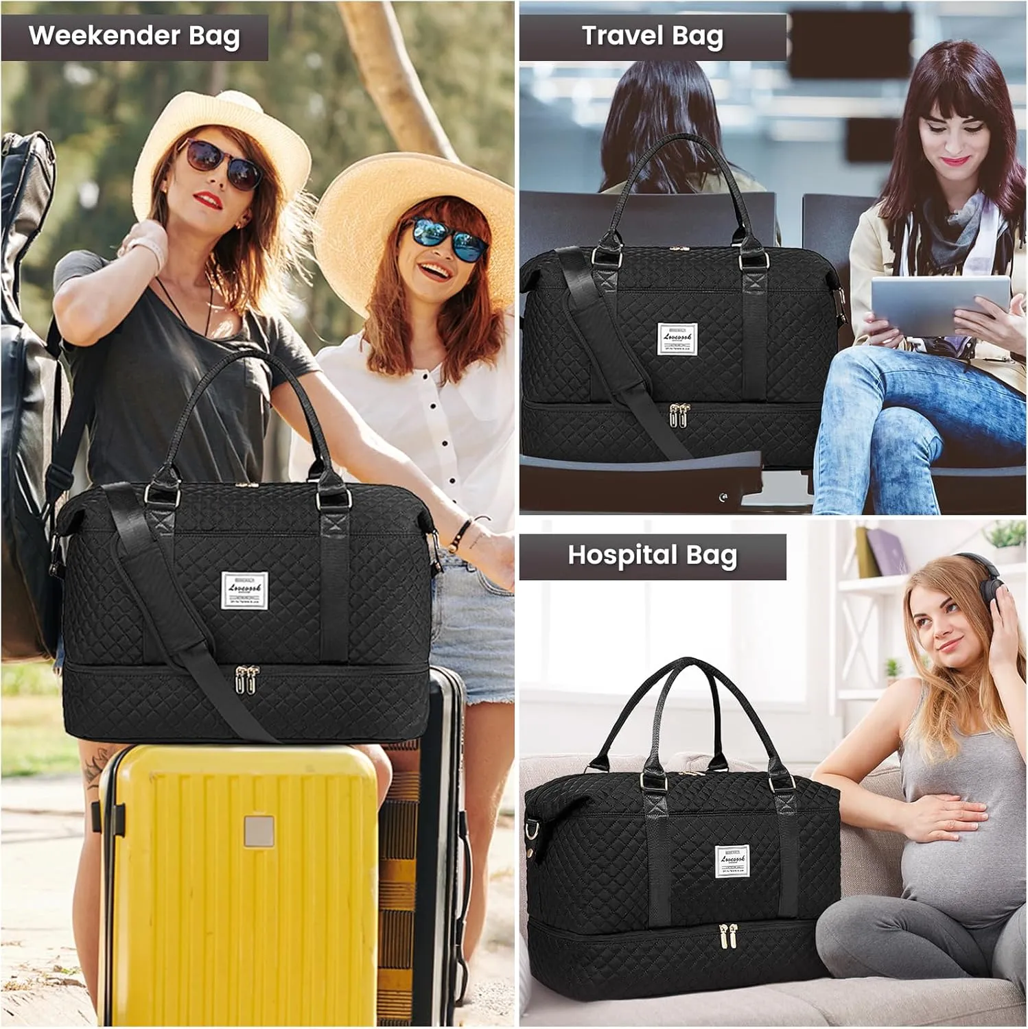 LOVEVOOK Travel Duffle Bag,Weekender Bags for Women with Shoe Compartment，Carry on Overnight Bag with Toiletry Bag,Gym Duffel Bag with Wet Pocket, Hospital Bags for Labor and Delivery