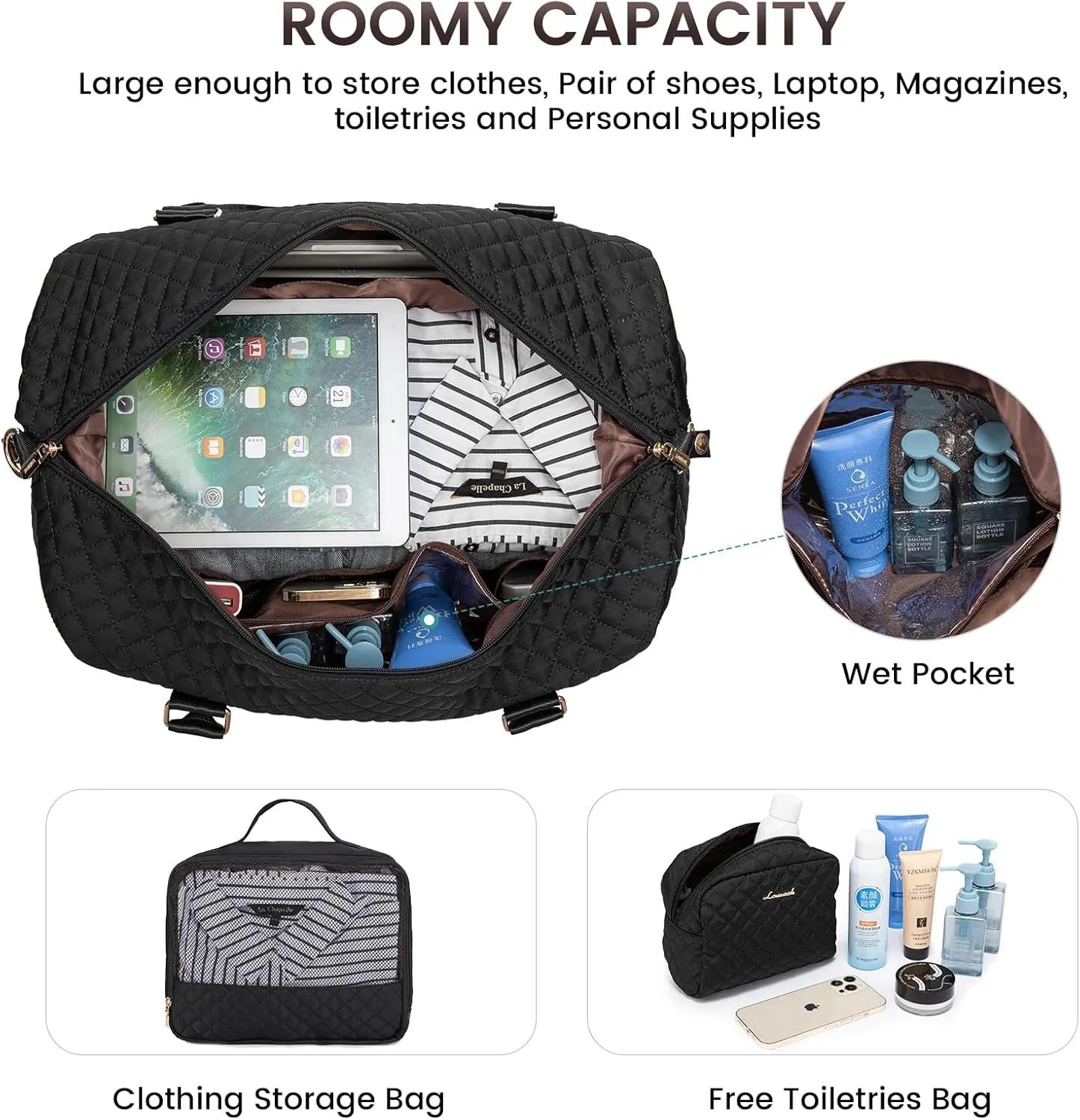 LOVEVOOK Travel Duffle Bag,Weekender Bags for Women with Shoe Compartment，Carry on Overnight Bag with Toiletry Bag,Gym Duffel Bag with Wet Pocket, Hospital Bags for Labor and Delivery