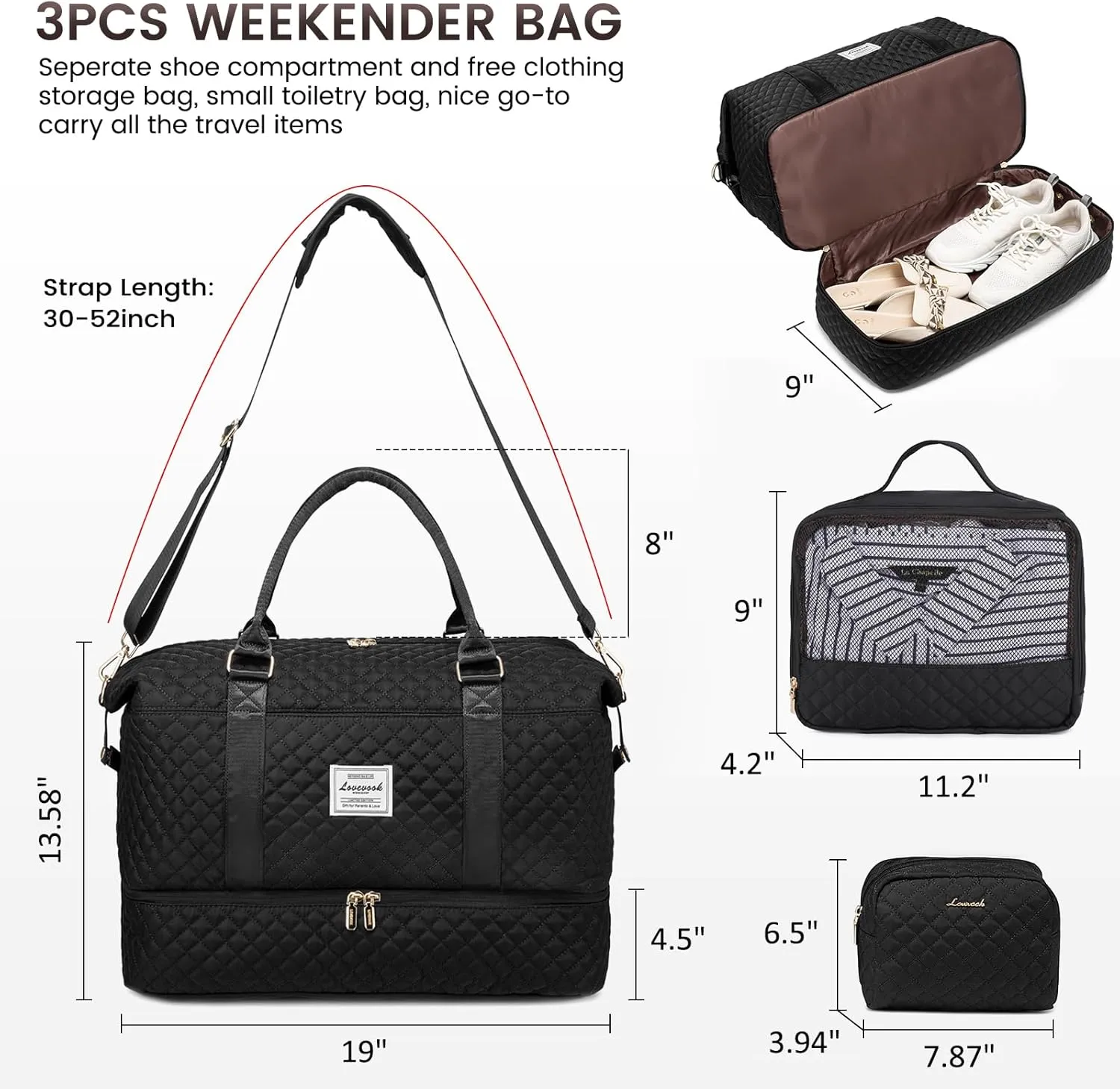 LOVEVOOK Travel Duffle Bag,Weekender Bags for Women with Shoe Compartment，Carry on Overnight Bag with Toiletry Bag,Gym Duffel Bag with Wet Pocket, Hospital Bags for Labor and Delivery