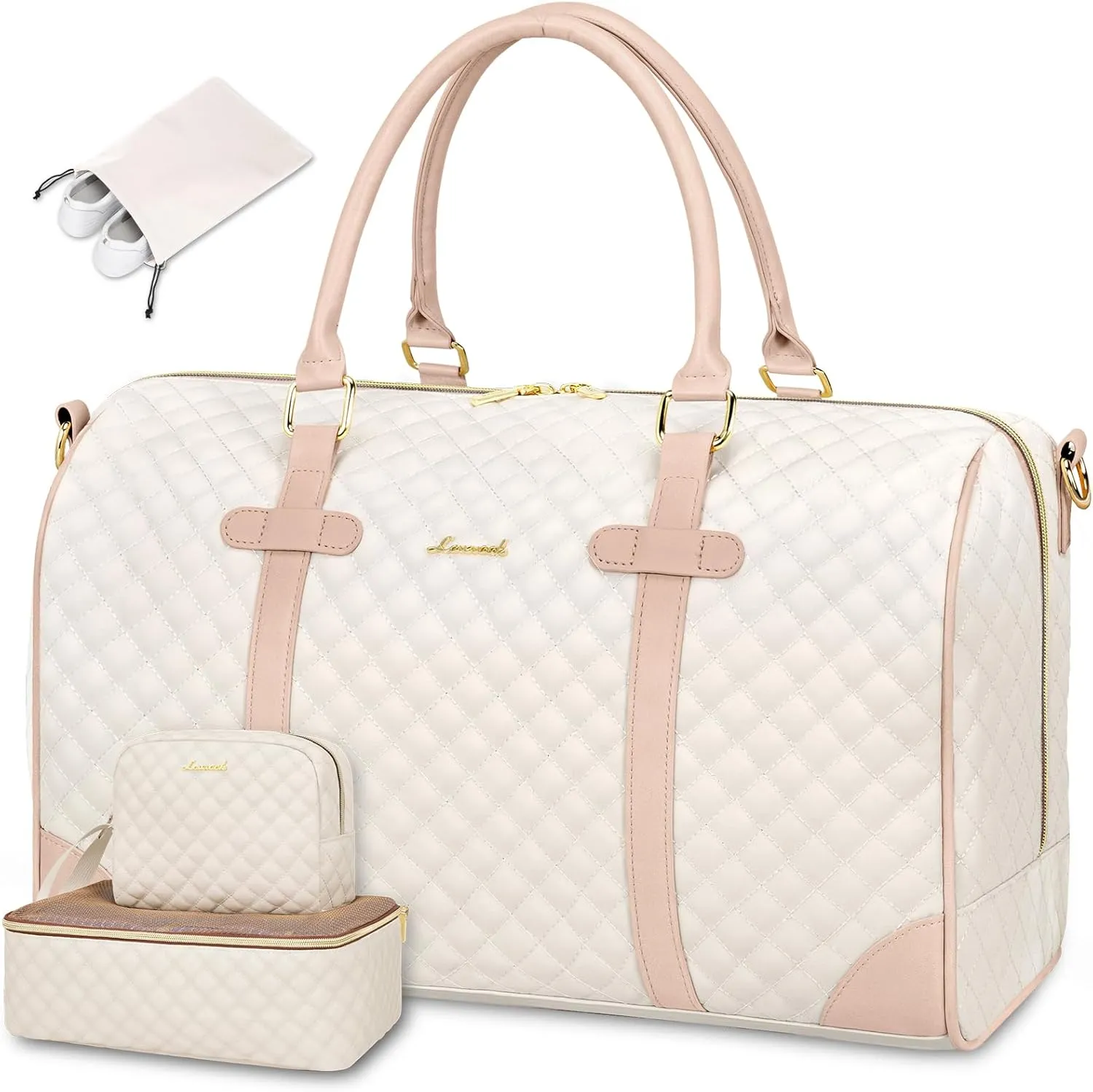 LOVEVOOK Travel Duffle, Women's Weekender with Wet Pocket, Overnight Carry-On Bag, includes Shoe & Toiletry Bags - Quilted Gym & Hospital Bag for Labor and Delivery (18 inch)