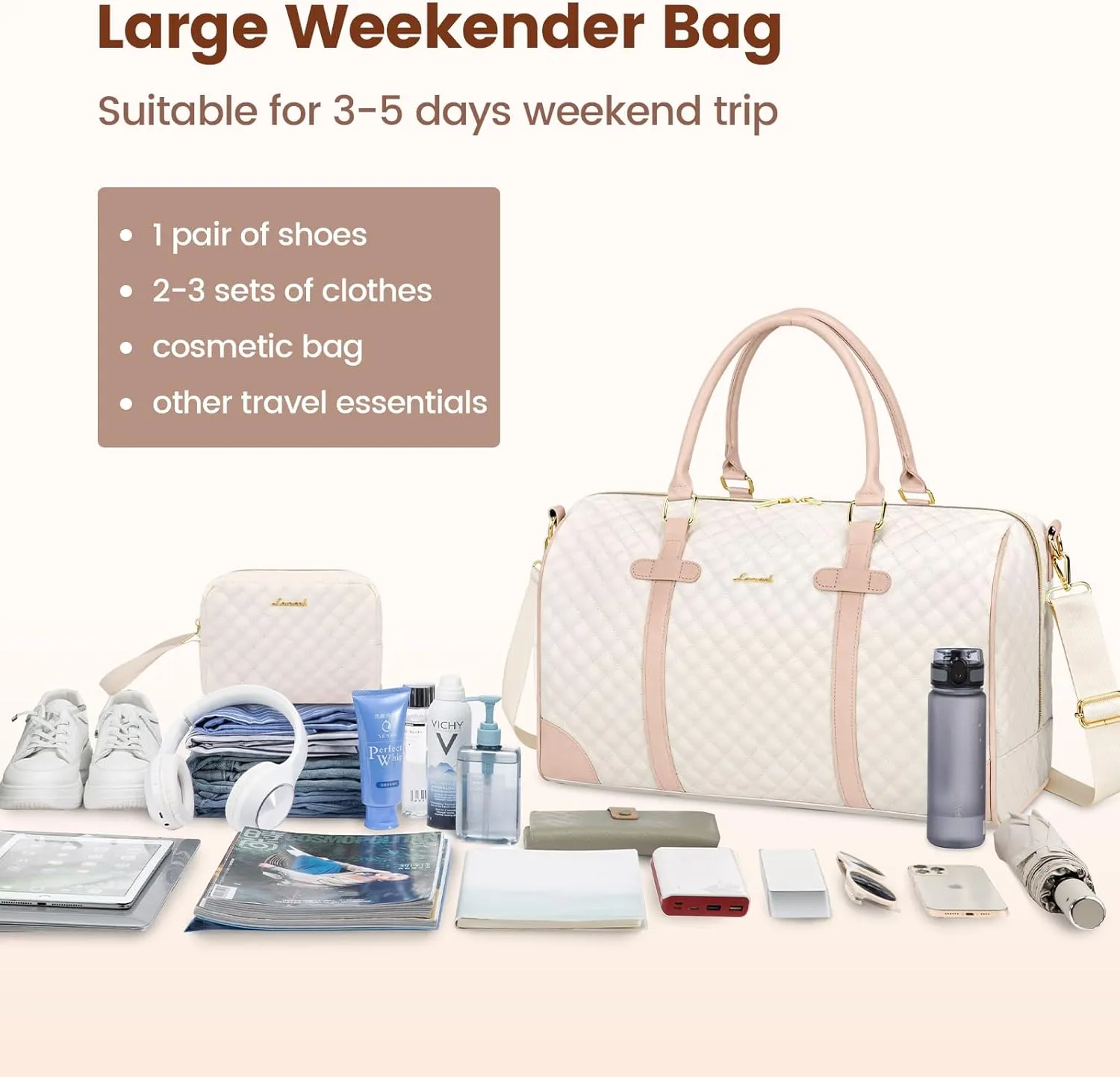 LOVEVOOK Travel Duffle, Women's Weekender with Wet Pocket, Overnight Carry-On Bag, includes Shoe & Toiletry Bags - Quilted Gym & Hospital Bag for Labor and Delivery (18 inch)