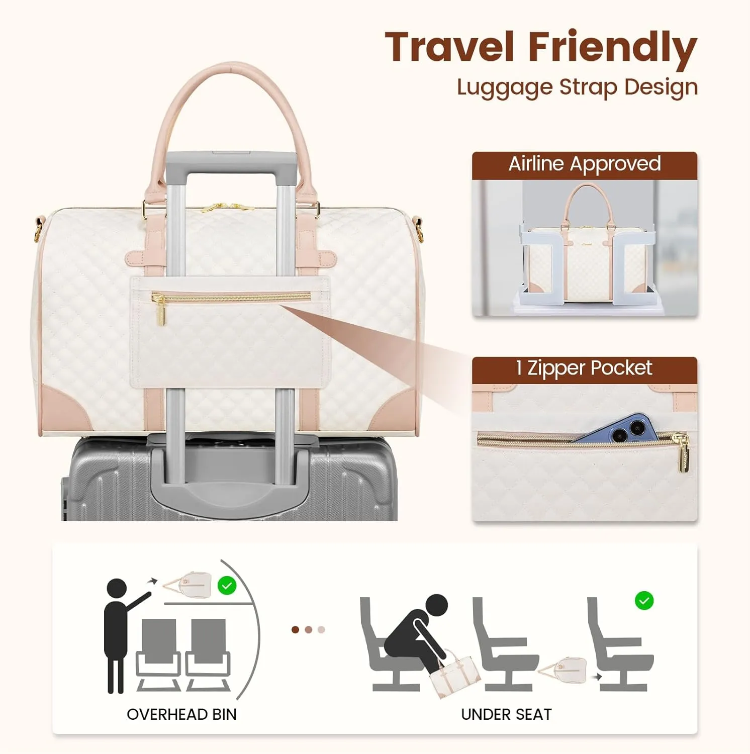 LOVEVOOK Travel Duffle, Women's Weekender with Wet Pocket, Overnight Carry-On Bag, includes Shoe & Toiletry Bags - Quilted Gym & Hospital Bag for Labor and Delivery (18 inch)