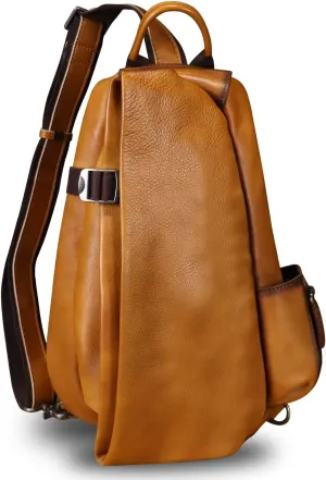 LRTO Genuine Leather Sling Bag Crossbody Purse Handmade Hiking Daypack Motorcycle Bag Retro Shoulder Backpack Vintage Chest Pack (Brown)