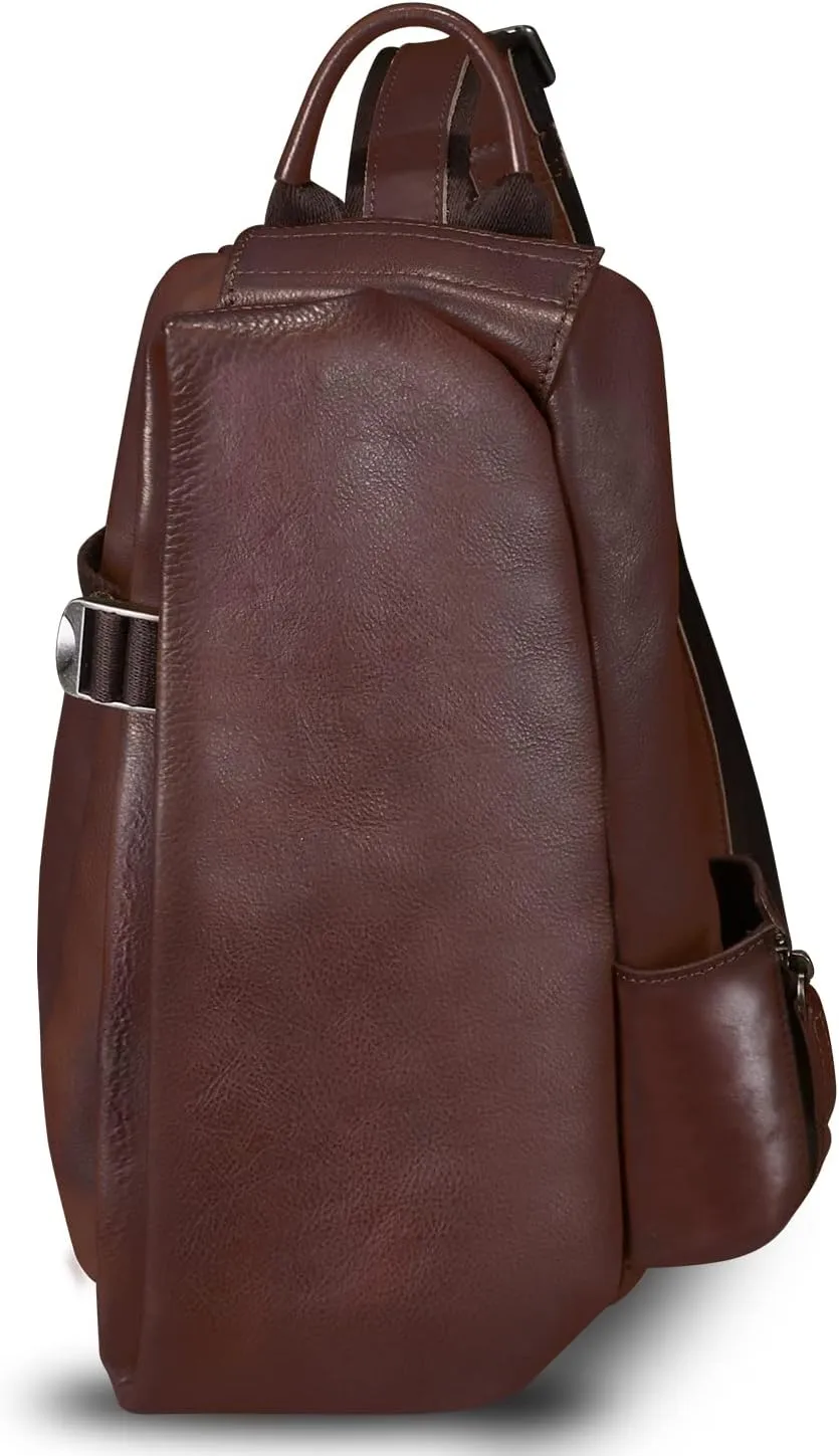 LRTO Genuine Leather Sling Bag Crossbody Purse Handmade Hiking Daypack Motorcycle Bag Retro Shoulder Backpack Vintage Chest Pack (Coffee)