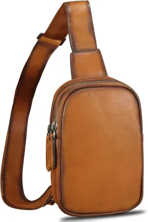LRTO Genuine Leather Sling Bag for Women Small Crossbody Purse Handmade Daypack Retro Shoulder Backpack Vintage Chest Pack (Brown)
