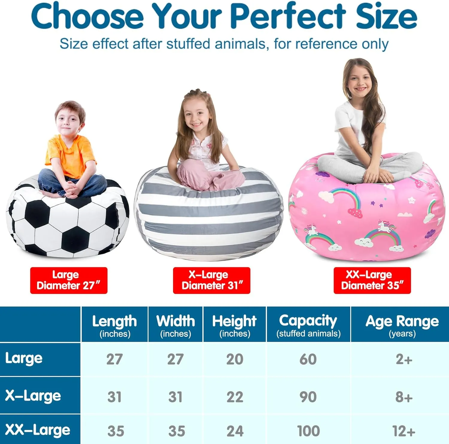Lukeight Stuffed Animal Storage Bean Bag Chair Cover (No Filling) for Kids, Zipper Beanbag Chair Cover for Organizing Toddler and Kids' Rooms Plush Toys (Blue White Velvet, Large)