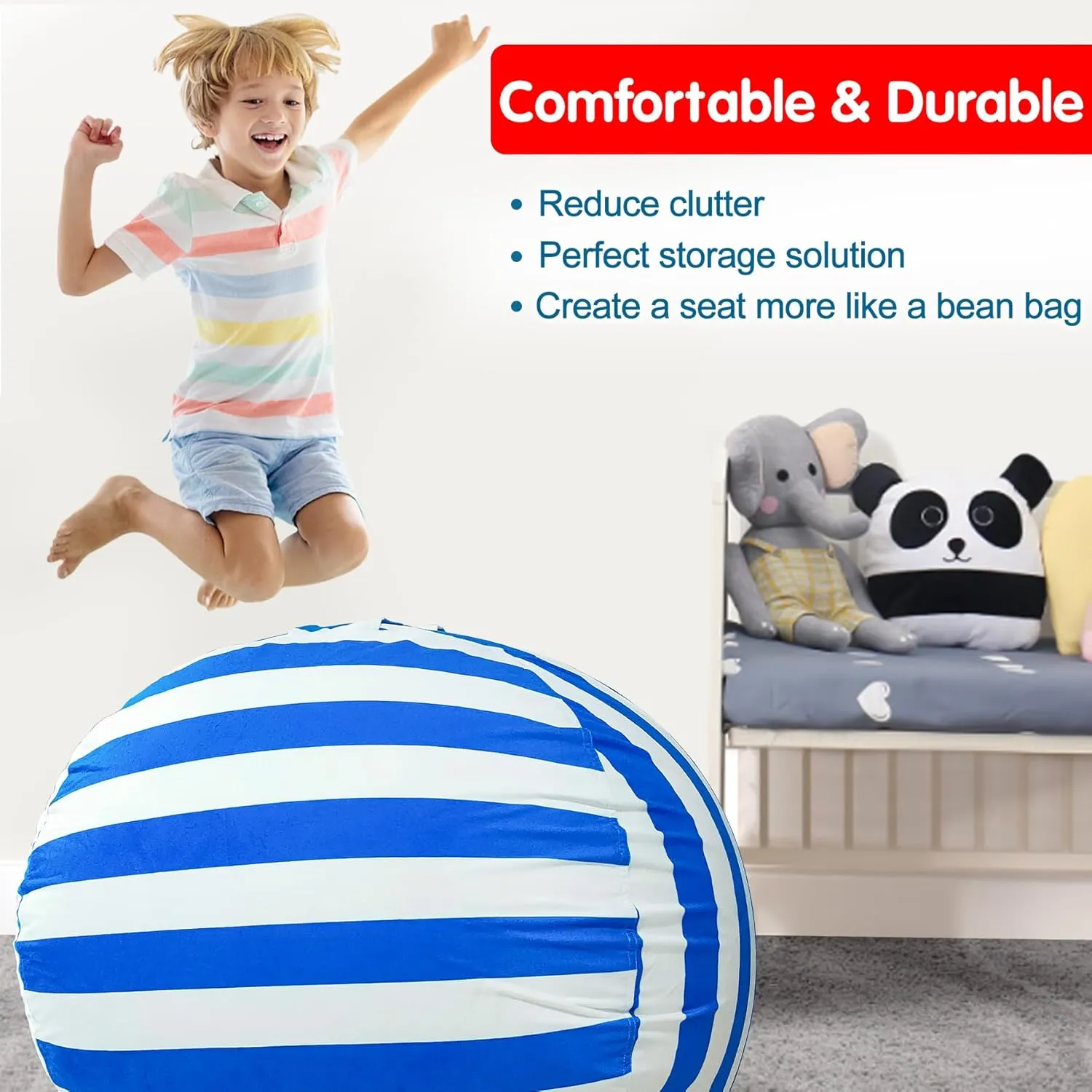 Lukeight Stuffed Animal Storage Bean Bag Chair Cover (No Filling) for Kids, Zipper Beanbag Chair Cover for Organizing Toddler and Kids' Rooms Plush Toys (Blue White Velvet, Large)