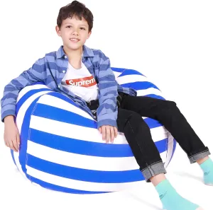 Lukeight Stuffed Animal Storage Bean Bag Chair Cover (No Filling) for Kids, Zipper Beanbag Chair Cover for Organizing Toddler and Kids' Rooms Plush Toys (Blue White Velvet, Large)