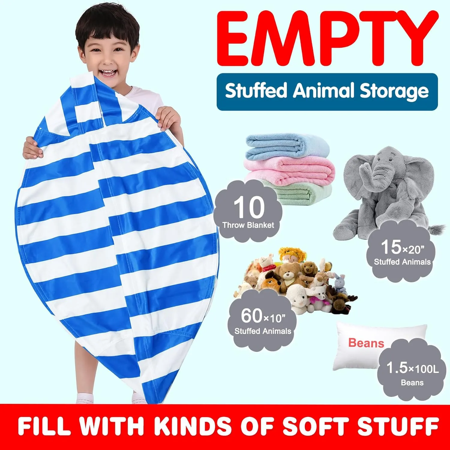 Lukeight Stuffed Animal Storage Bean Bag Chair Cover (No Filling) for Kids, Zipper Beanbag Chair Cover for Organizing Toddler and Kids' Rooms Plush Toys (Blue White Velvet, Large)