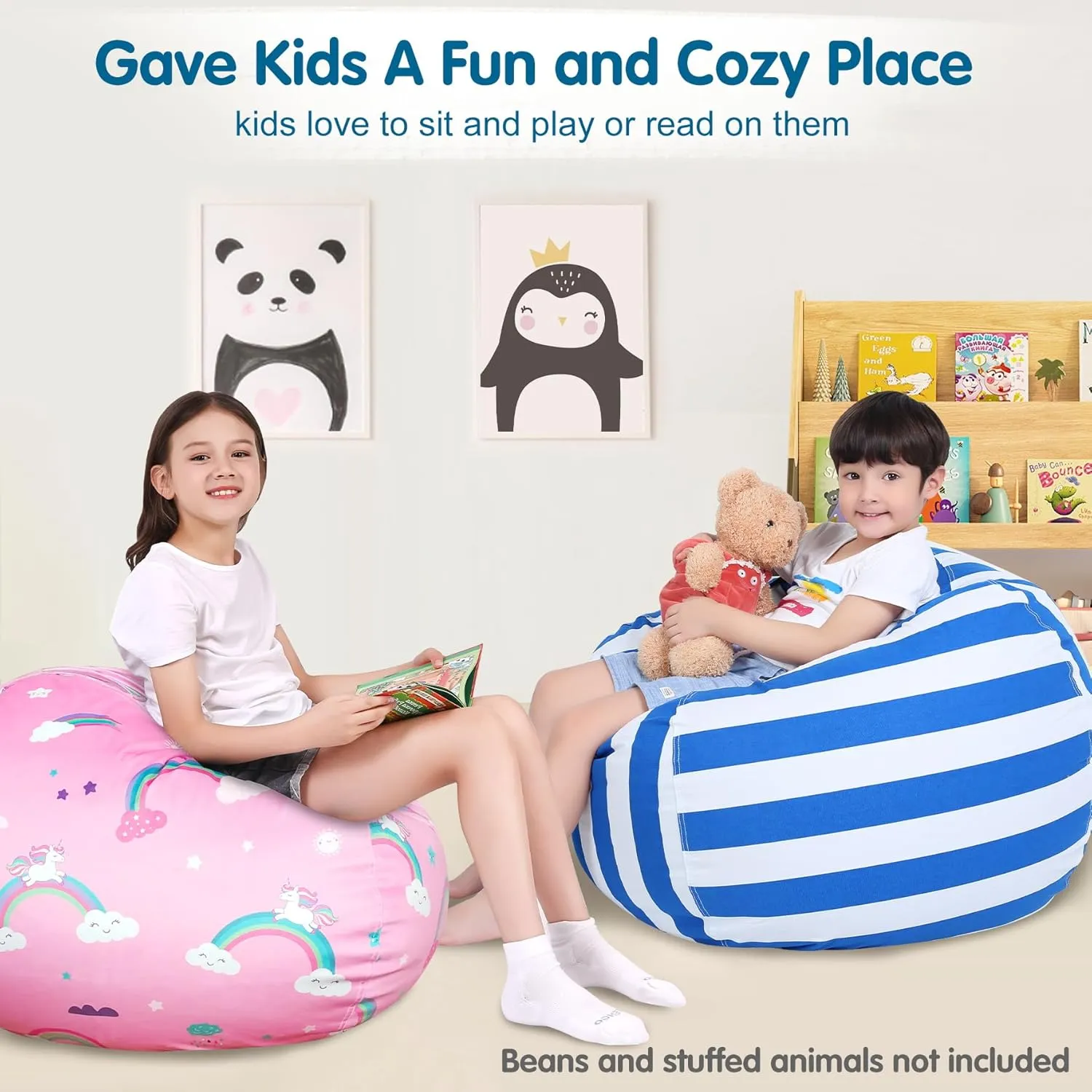 Lukeight Stuffed Animal Storage Bean Bag Chair Cover (No Filling) for Kids, Zipper Beanbag Chair Cover for Organizing Toddler and Kids' Rooms Plush Toys (Blue White Velvet, Large)