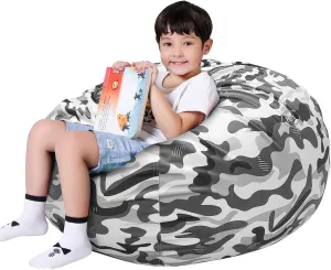 Lukeight Stuffed Animal Storage Bean Bag Chair Cover (No Filling) for Kids, Zipper Beanbag Chair Cover for Organizing Toddler and Kids' Rooms Plush Toys (Camo Velvet, X-Large)