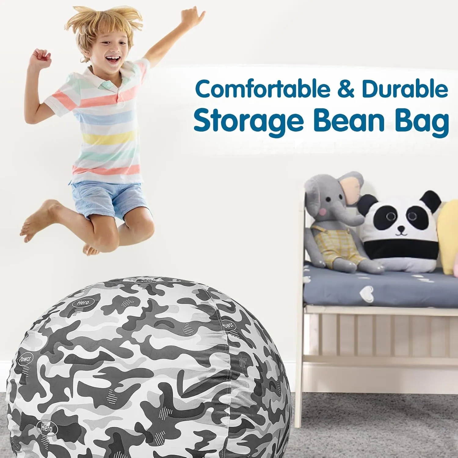Lukeight Stuffed Animal Storage Bean Bag Chair Cover (No Filling) for Kids, Zipper Beanbag Chair Cover for Organizing Toddler and Kids' Rooms Plush Toys (Camo Velvet, X-Large)