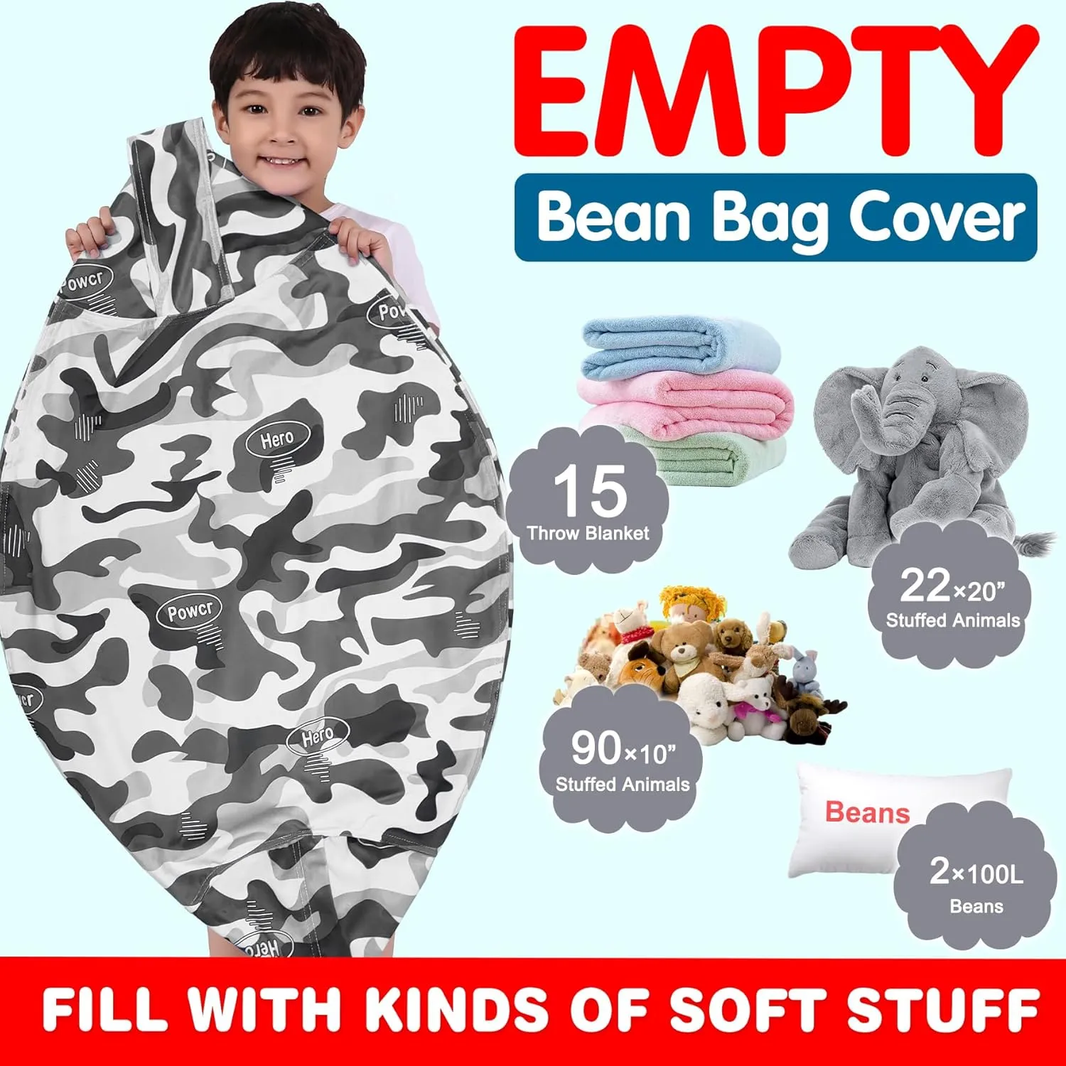 Lukeight Stuffed Animal Storage Bean Bag Chair Cover (No Filling) for Kids, Zipper Beanbag Chair Cover for Organizing Toddler and Kids' Rooms Plush Toys (Camo Velvet, X-Large)