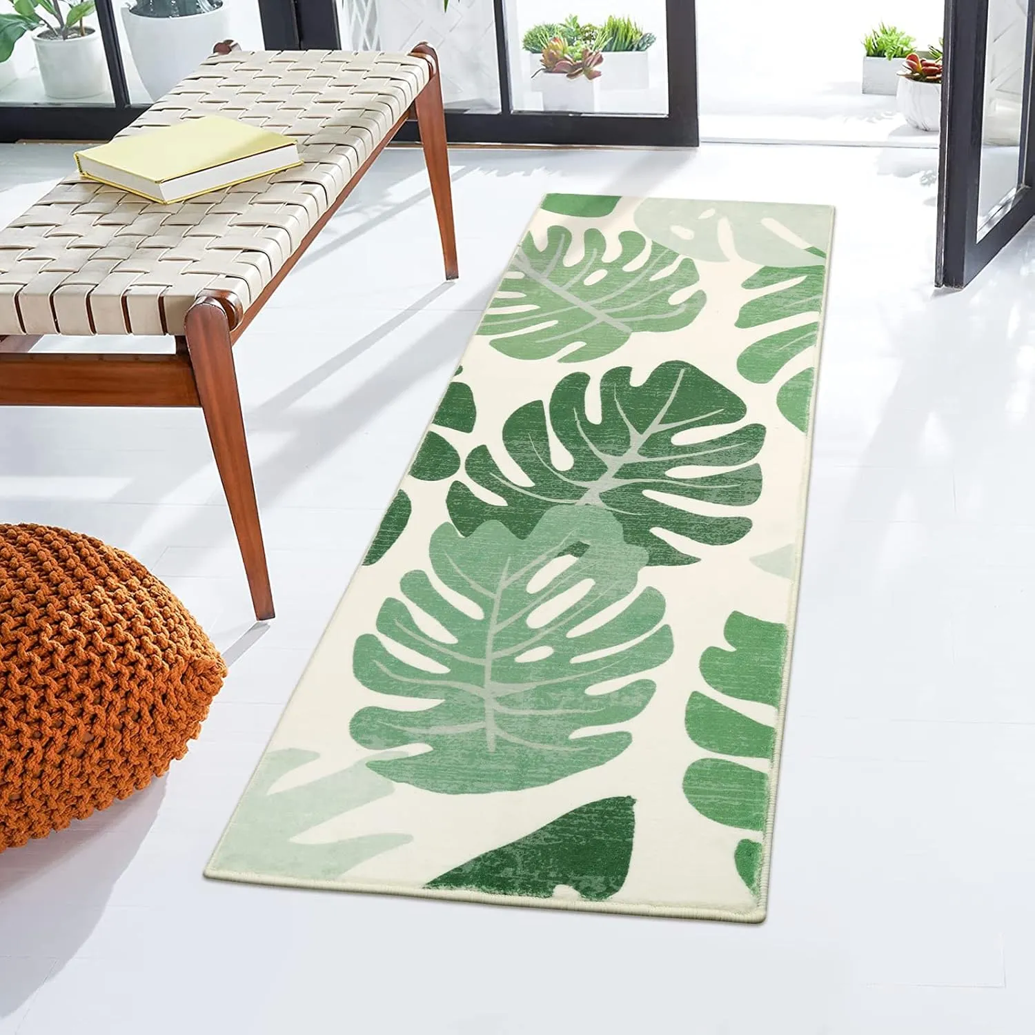 Lukinbox Bathroom Runner Rugs - Green Leaf Non-Slip Washable Bath Mats, Soft Velvet Bath Rug Cute Long Area Rug for Bathroom Kitchen Hallway Bedroom Living Room, 20"x59"
