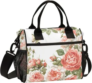 Lunch Bag Box for Women Men, Coral Flower Pink Butterfly Pattern Reusable Insulated Lunch Tote, Leakproof Shoulder Bags Cooler with High Capacity for Work,Picnic,Camping