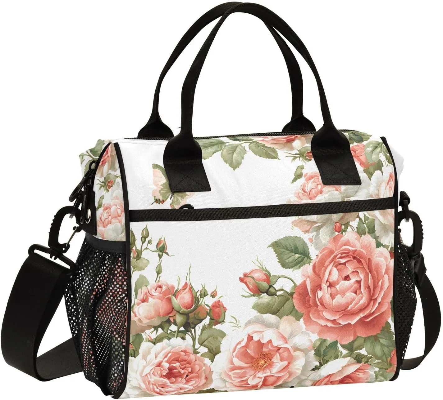 Lunch Bag Box for Women Men, Coral Flower Pink Butterfly Pattern Reusable Insulated Lunch Tote, Leakproof Shoulder Bags Cooler with High Capacity for Work,Picnic,Camping