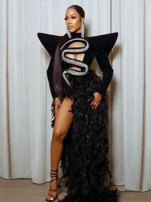 Luxury Costume Black Feather Trail Diamond Embellished Red Carpet/Party Dress