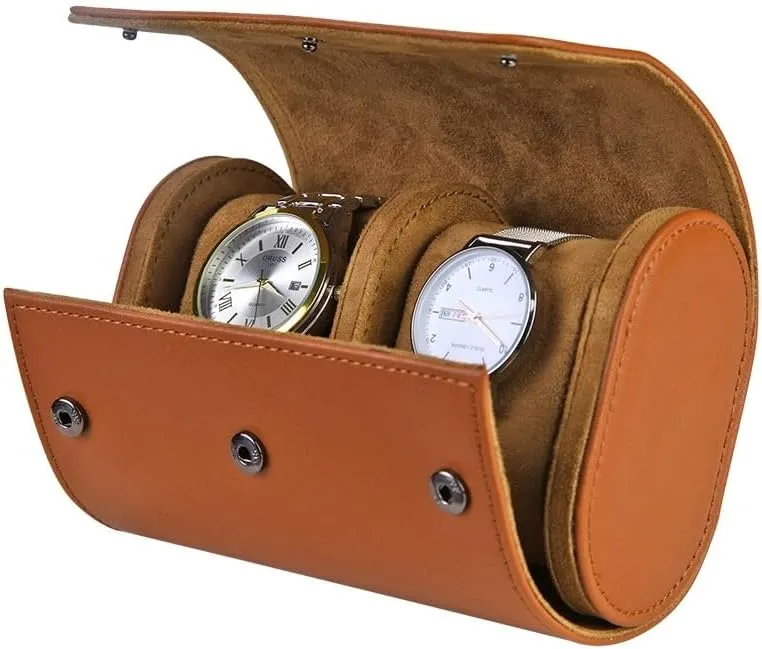 Luxury Leather Travel Watch Case Single Watch Box for Men and Women Portable Jewelry Watch Storage Roll Organizer(2-Brown Brown)