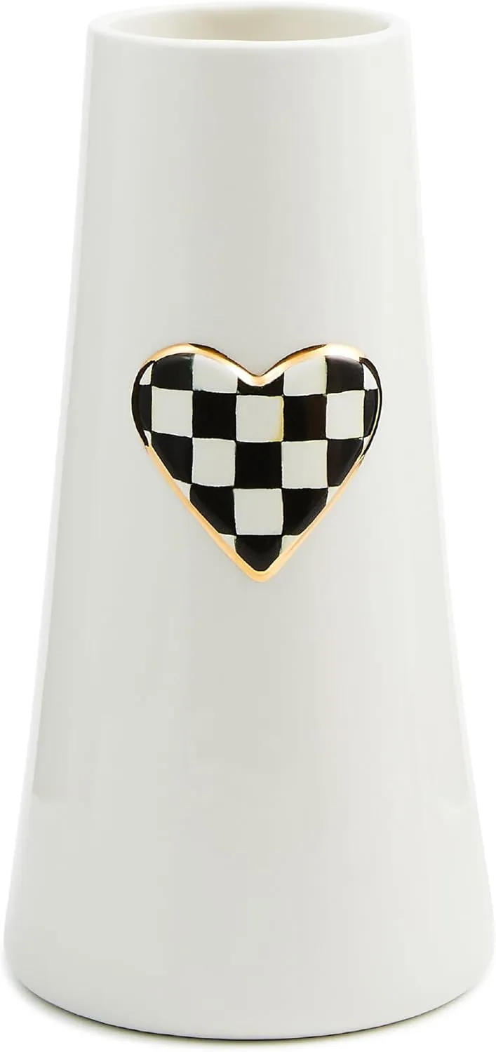 MACKENZIE-CHILDS Ceramic Vase, Unique Decorative Vase, Tall, Black-and-White Courtly Check