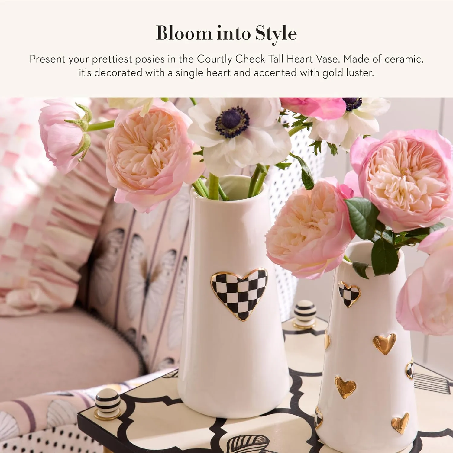 MACKENZIE-CHILDS Ceramic Vase, Unique Decorative Vase, Tall, Black-and-White Courtly Check