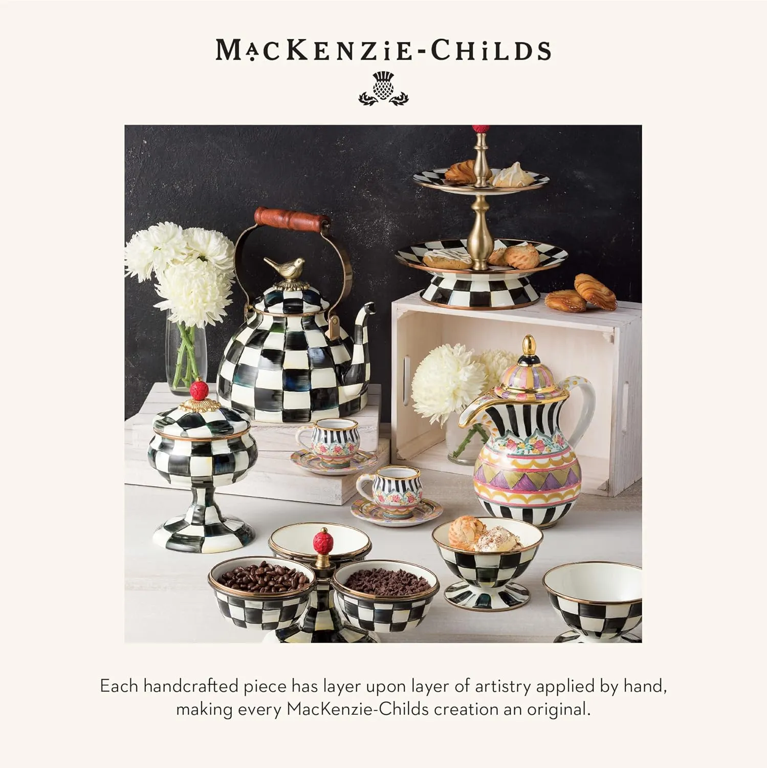 MACKENZIE-CHILDS Ceramic Vase, Unique Decorative Vase, Tall, Black-and-White Courtly Check