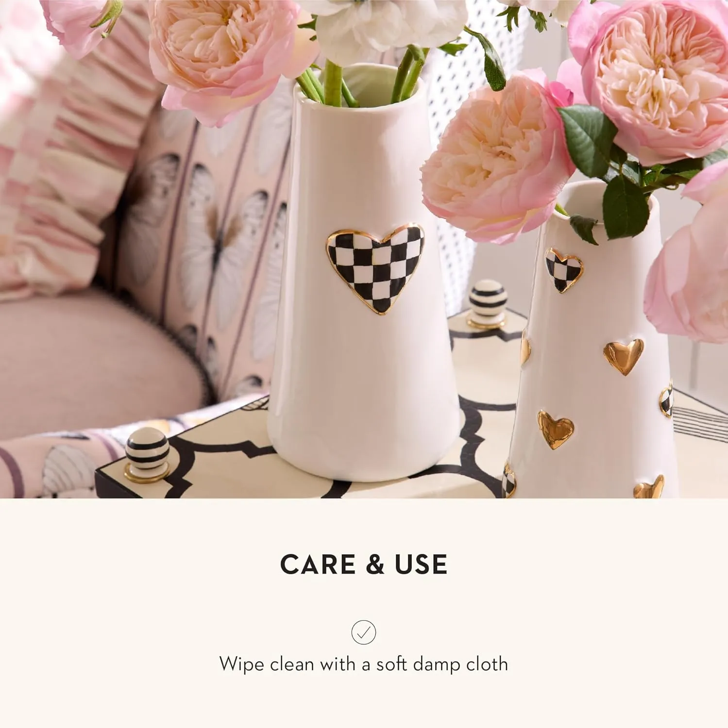 MACKENZIE-CHILDS Ceramic Vase, Unique Decorative Vase, Tall, Black-and-White Courtly Check