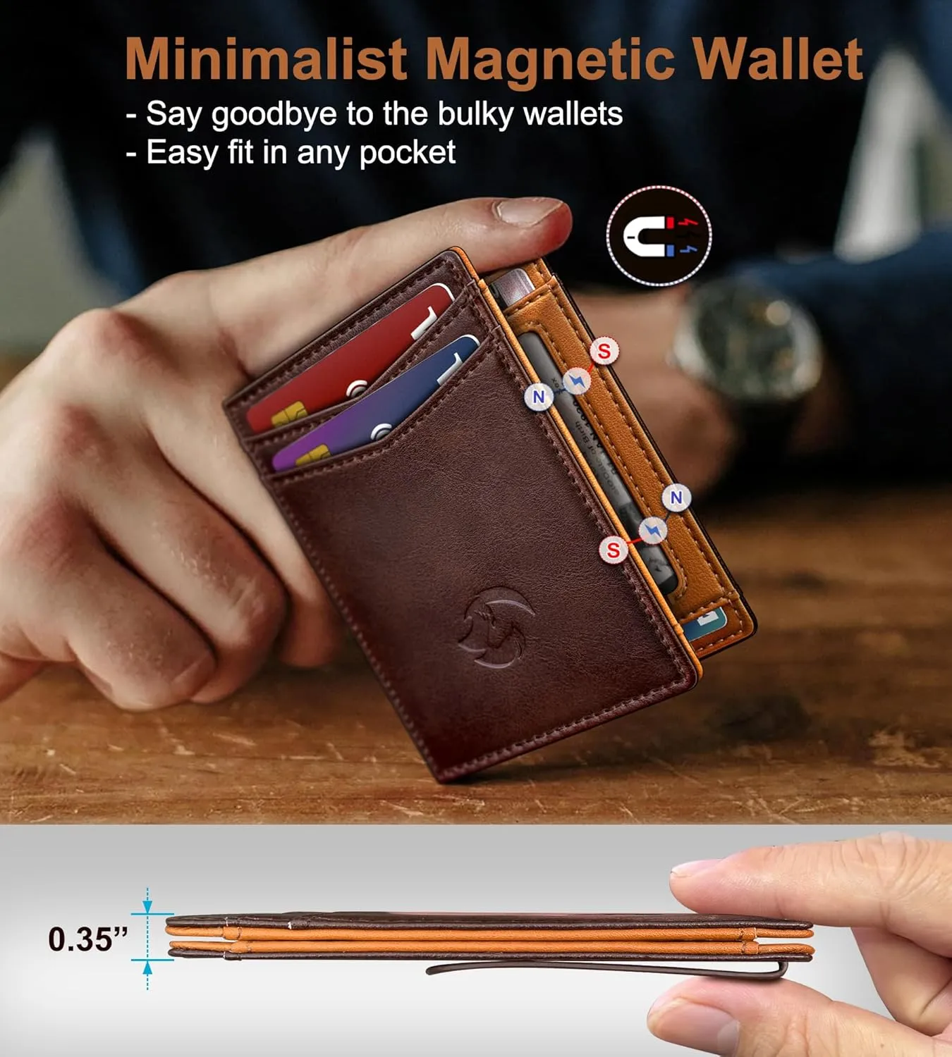 Magnetic Closure Slim Wallet for Men with Money Clip Gift Boxed,Genuine Leather Front Pocket Wallet, 3.9"x 2.7", RFID Blocking