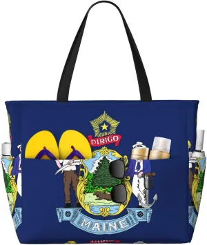 Maine State Flag Print Large Tote Bag For Women, Travel Shoulder Bag Handle Handbag For Gym, Work, Travel