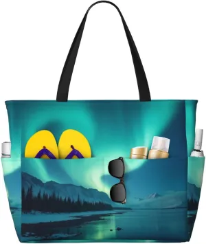 Majestic Aurora Pattern Print 28L Large Beach Tote Bag, 7 Pockets Waterproof Travel Shoulder Bag, Gym Oversized Tote