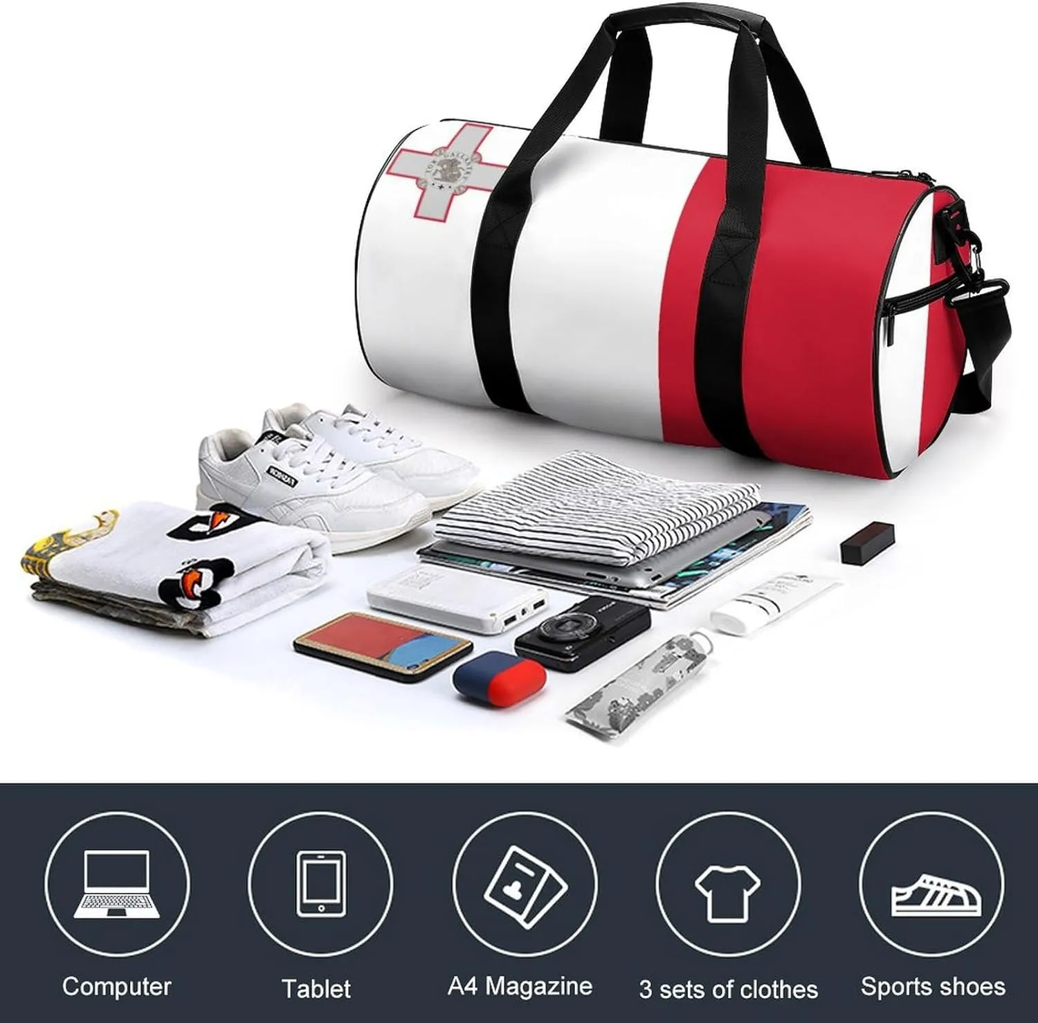 Malta Flag Large Gym Duffel Bag Dry Wet Separation for Men Women Travel Workout