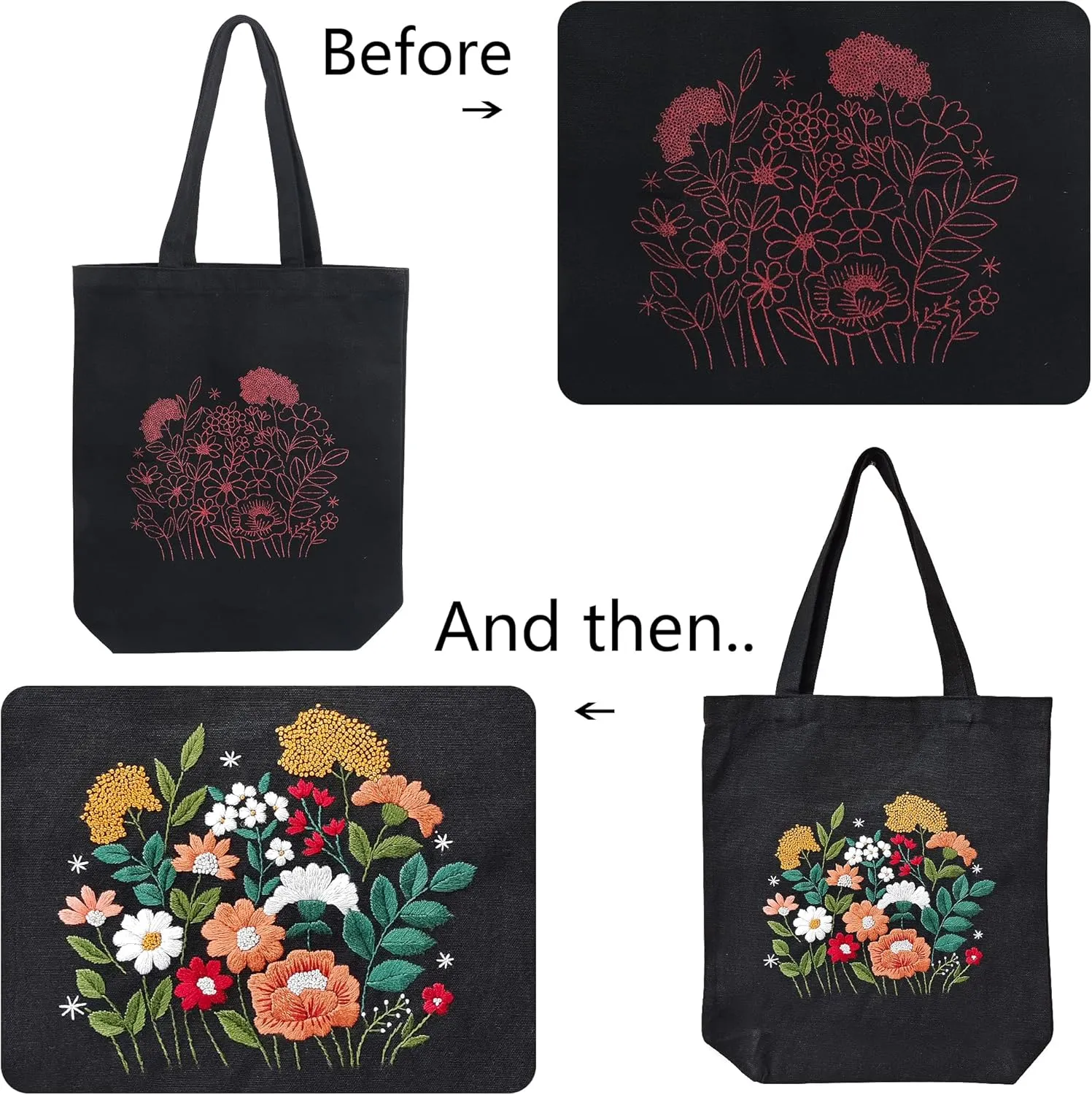 MAMUNU Canvas Tote Bag Embroidery Kit with Pattern for Beginners, Arts and DIY Crafts Kits for Adults, Include Instructions Embroidery Bag, Embroidery Hoops, Color Threads and Tool (Black)
