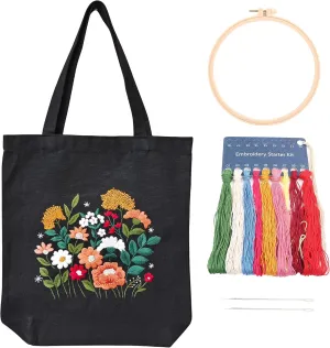 MAMUNU Canvas Tote Bag Embroidery Kit with Pattern for Beginners, Arts and DIY Crafts Kits for Adults, Include Instructions Embroidery Bag, Embroidery Hoops, Color Threads and Tool (Black)
