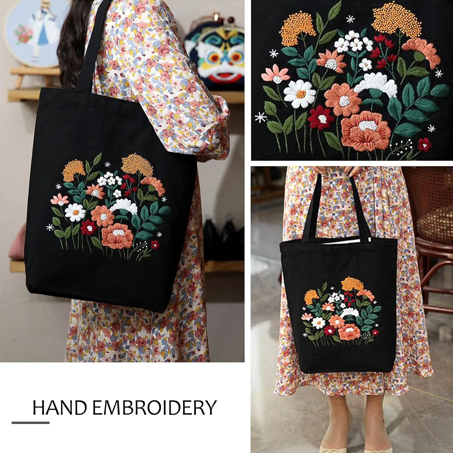 MAMUNU Canvas Tote Bag Embroidery Kit with Pattern for Beginners, Arts and DIY Crafts Kits for Adults, Include Instructions Embroidery Bag, Embroidery Hoops, Color Threads and Tool (Black)