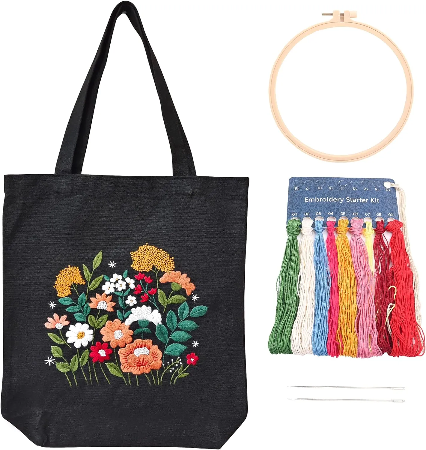 MAMUNU Canvas Tote Bag Embroidery Kit with Pattern for Beginners, Arts and DIY Crafts Kits for Adults, Include Instructions Embroidery Bag, Embroidery Hoops, Color Threads and Tool (Black)