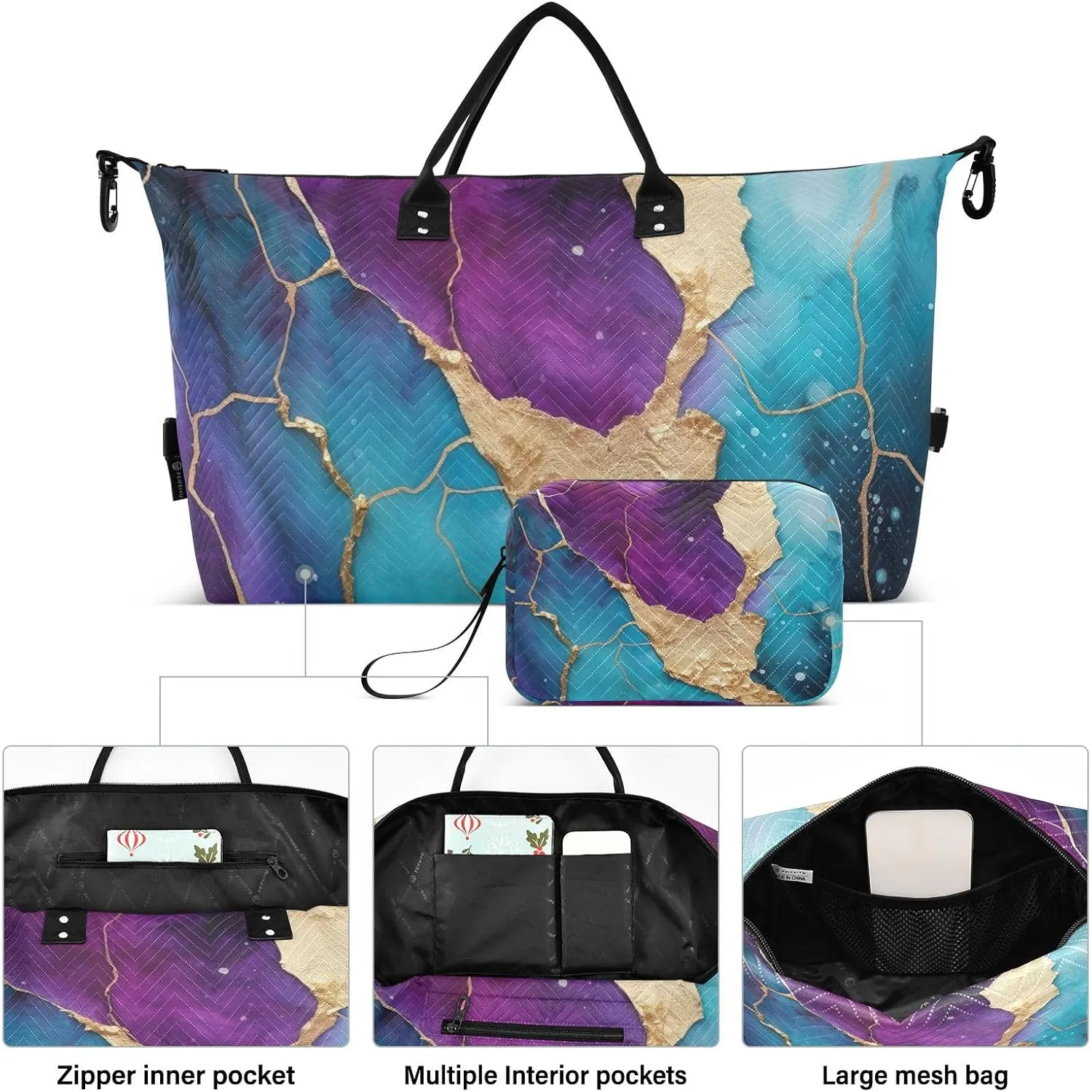 Marble Purple Sports Gym Bag for Women Men Travel Duffel Bag Weekend Overnight Carry on Bag with Toiletry Bag Training Handbag for Workout Swimming Yoga Plane Hospital