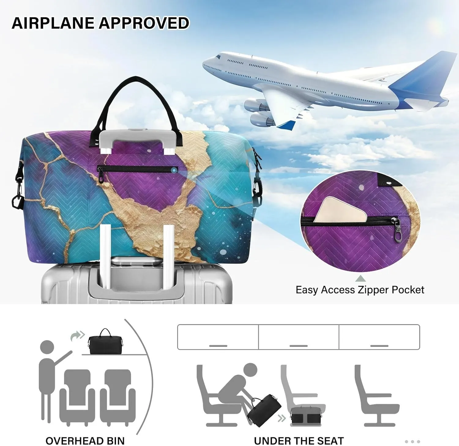 Marble Purple Sports Gym Bag for Women Men Travel Duffel Bag Weekend Overnight Carry on Bag with Toiletry Bag Training Handbag for Workout Swimming Yoga Plane Hospital
