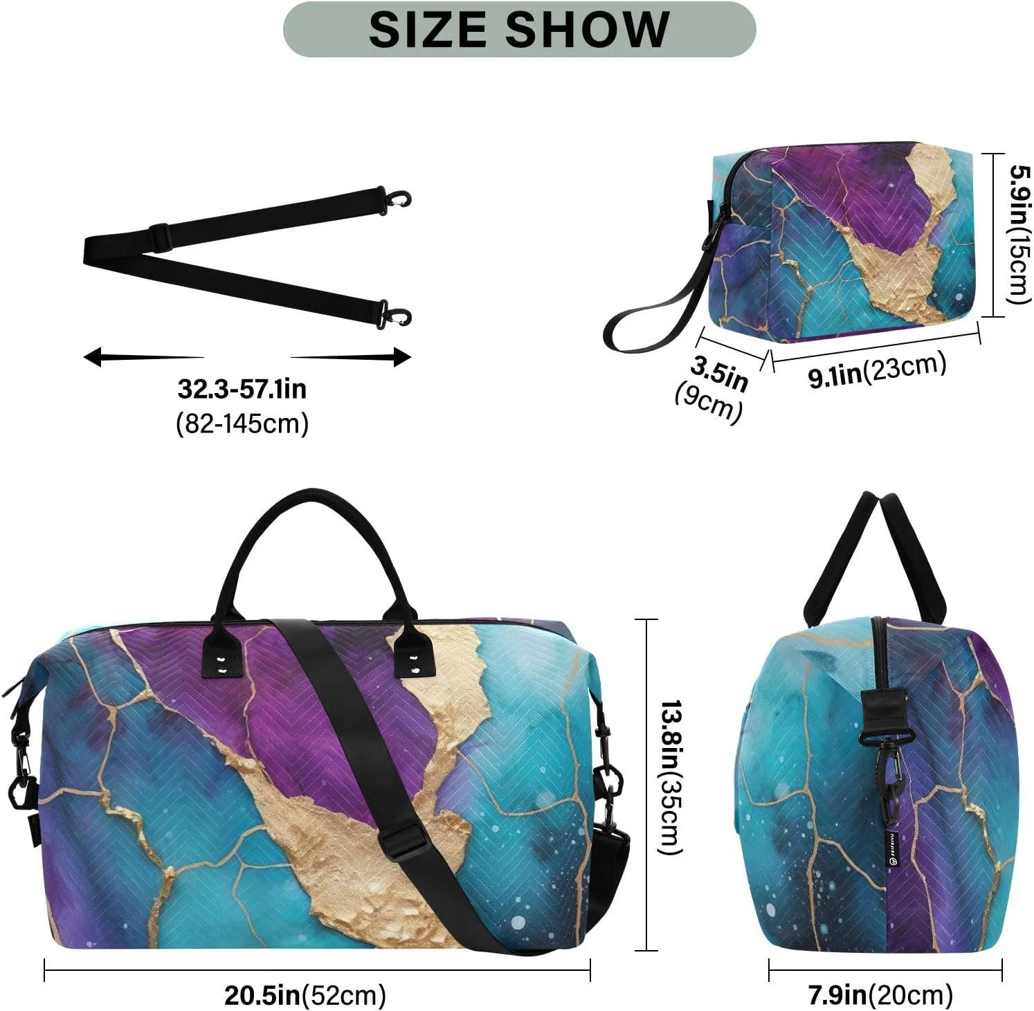 Marble Purple Sports Gym Bag for Women Men Travel Duffel Bag Weekend Overnight Carry on Bag with Toiletry Bag Training Handbag for Workout Swimming Yoga Plane Hospital