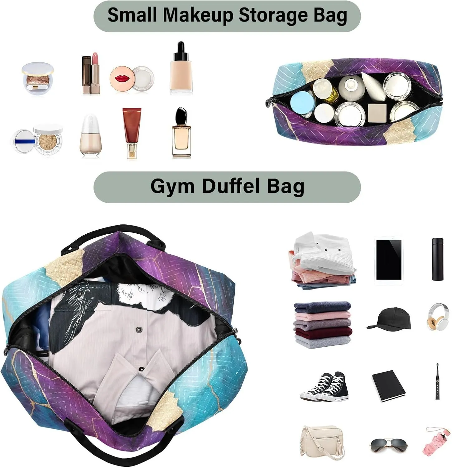 Marble Purple Sports Gym Bag for Women Men Travel Duffel Bag Weekend Overnight Carry on Bag with Toiletry Bag Training Handbag for Workout Swimming Yoga Plane Hospital